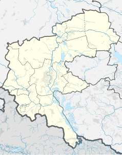 Mapa konturowa powiatu raciborskiego, po lewej znajduje się punkt z opisem „Pietrowice Wielkie”