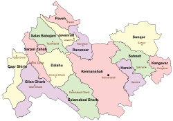 Location of Qasr-e Shirin County in Kermanshah province (left, yellow)