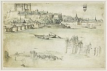 Reproduction d'un dessin sur parchemin du dix-septième siècle représentant un paysage de Loire avec le château de Montsoreau et le château de Saumur.