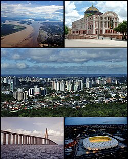 Trung tâm Manaus, từ trên bên trái: nhà hát Amazonas, trên bên phải: Cảnh Manaus từ Cidade Nova, giữa bên trái: cầu Manaus Iranduba và sông Negro, giữa bên phải: thuyền tham quan ở Meeting of Water, bên trái thứ ba: hoàng hôn ở nơi nghỉ mát Rio Negro, bên phải thứ ba: nhà thờ San Sebastian ở Manaus, dưới: cảnh Nossa Senhora das Gracas area