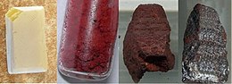 Фосфор – три от алотропите на фосфора – бял (ляво); червен (център); виолетов (дясно)