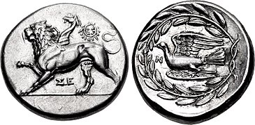 Stater of Sikyon, 335-330 BC, with a Chimera.[1]