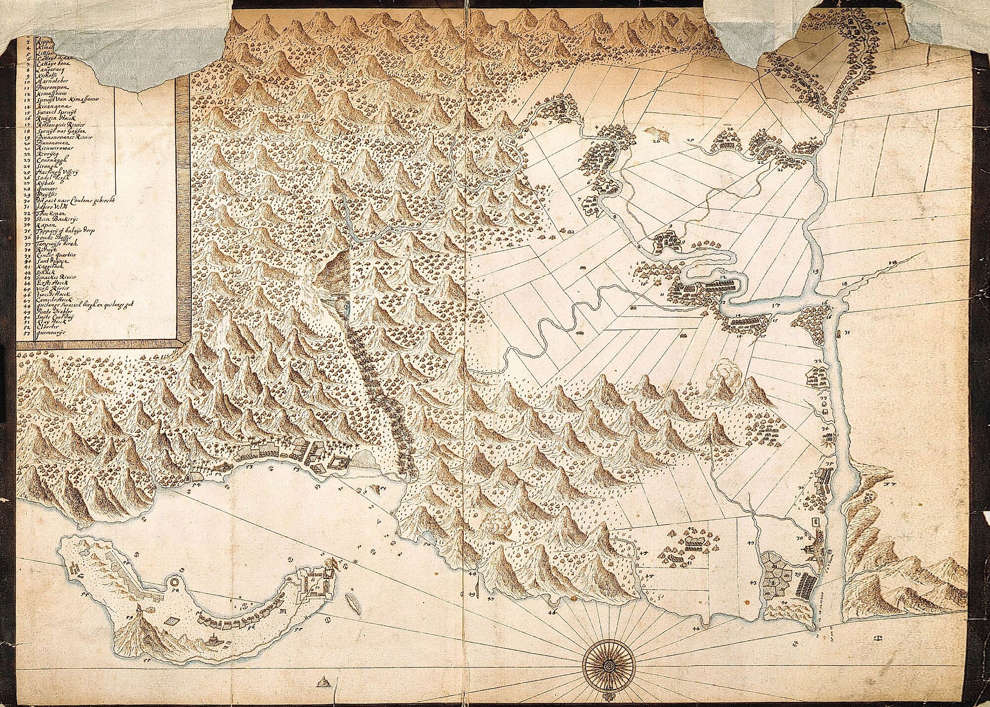 1654年由荷蘭人所繪之淡水古地圖，其中有尖頂的堡壘即為安東尼堡