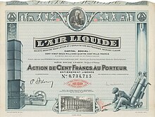 Action d'Air Liquide S.A. de 100 francs, émise à Paris le 10 juillet 1937, avec signature de Paul Delorme en tant que président de la société