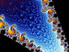 Double-spirals and "seahorses" – unlike the second image from the start, they have appendices consisting of structures like "seahorse tails"; this demonstrates the typical linking of n + 1 different structures in the environment of satellites of the order n, here for the simplest case n = 1.