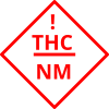 A symbol of a thin red outlined square diamond with an exclamation point inside followed by letters "THC" and "NM"