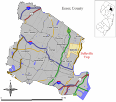 Map of Essex County showing the location of Belleville Township. Inset: Location of Essex County highlighted in the State of New Jersey.
