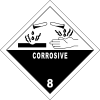 A rhombic-shaped label with letters 8 and "corrosive", indicating that drops of a liquid corrode materials and human hands.
