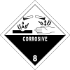 一个菱形的带有数字8和"corrosive"的标签，并指出这种液滴会腐蚀材料和人的手。