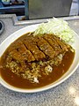 豚カツ全体にカレーをかけてキャベツの千切りを添えた例