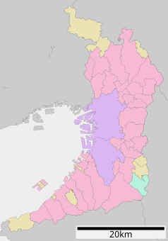 Mapa konturowa prefektury Osaka, na dole znajduje się punkt z opisem „Tadaoka”