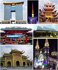 Clockwise, from top left: Bình Dương Administration Center, Clock Tower of Thủ Dầu Một's six-way intersection, Hội An Temple, Hội Khánh Temple, Phú Cường Cathedral, Đại Nam Văn Hiến, Temple of Lady Thiên Hậu.