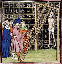 Enluminure médiévale en couleurs, représentant la pendaison d'un homme, avec plusieurs notables aux tenues colorées.