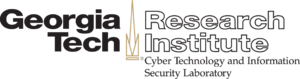 The words "Georgia Tech" in black to the left of a stylized campanile, and the words "Research Institute" in outline to the right of the stylized campanile. The words "Cyber Technology and Information Security Laboratory" are written below the right side of the image.