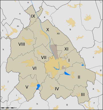 Sections d`Ypres et voisines et communes françaises voisines. Les zones en jaune représentent les agglomérations.