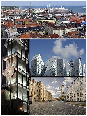 Từ phía trên, trái sang phải: đường chân trời Aarhus, tòa thị chính Aarhus, Isbjerget, Park Allé.