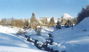 Confluenza della Loira (d.) e dell'Aigue Nègre (s.) sotto la neve ai piedi del monte Gerbier de Jonc.