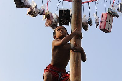 Ekspresi seorang anak saat mengikuti perlombaan panjat pinang, sebuah permainan tradisional yang seringkali digelar saat peringatan Hari Kemerdekaan Republik Indonesia tiap tahunnya