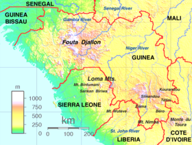 Carte topographique des hauts plateaux de Guinée avec le Fouta-Djalon en Guinée.