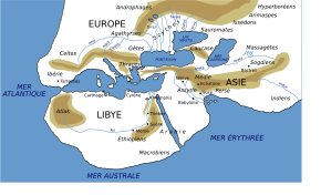 Carte naïve du bassin méditerranéen avec massifs montagneux, rivières, mers et océans.