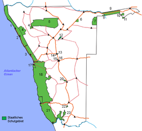 Kaart van Nasionale Parke in Namibië (Sperrgebiet is #21).