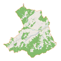 Mapa konturowa gminy Stryszawa, na dole po lewej znajduje się punkt z opisem „Pewelka”