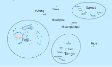 Carte avec la mer en bleu, les îles en blanc et leurs noms, montrant les archipels de Fidji, Tonga, Samoa, et les îles de Wallis, Futuna, Niuafo'ou et Niuatoputapu