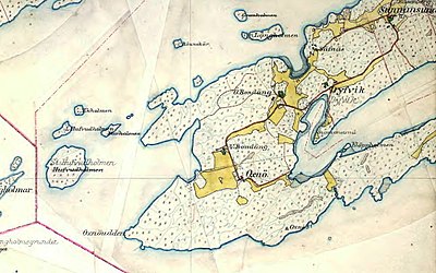 Gålös sydvästra respektive nordöstra del på Häradsekonomiska kartan från omkring år 1900.