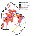 Bodemgebruik: roze = bebouwd gebied, wit = landbouwgrond, zwarte lijn = spoorlijn, rood/geel = Autobahn A30, blauw = water