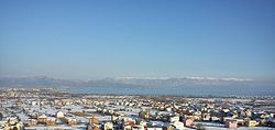 View of the lower part of town. In the background, Lake Ohrid and Galičica mountains with Struga toward the left side and Kališta village toward the right