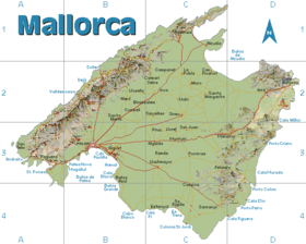 Carte de l'île de Majorque avec la serra de Tramuntana au nord-ouest.