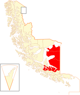 Kart over regionen. Tierra del Fuego i raudt.