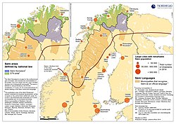 Location of Sápmi: dark red line showing the Southern limit of the areas traditionally inhabited by the Sám