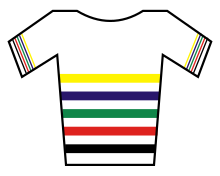 Maillot blanc avec de fines lignes horizontales jaune, bleu marine, vert, rouge et noir