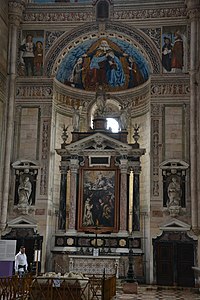 Bergognone, Incoronazione della Vergine tra Francesco Sforza, Ludovico il Moro e i Santi Fortunato, Giorgio e Pietro da Verona (bacino absidale), in basso, pala d'altare di Giovanni Battista Crespi.