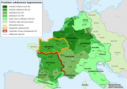 Frankkien valtakunnan laajentuminen vuosina 481–814.