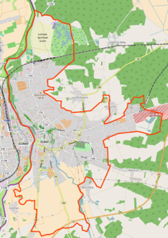 Mapa konturowa Gubina, na dole po lewej znajduje się punkt z opisem „Gubinek”