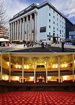 Konserthusets fasad mot sydväst och Stora salens interiör mot väst.