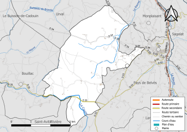 Carte en couleur présentant le réseau hydrographique de la commune