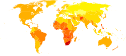 A map of the world with Europe shaded yellow, most of North and South America orange and Southern Africa a dark red