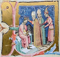 Miniatúra zobrazujúca korunováciu Štefana III., Obrázková kronika, 1358 - 1370, dnes Országos Széchényi Könyvtár, Budapešť