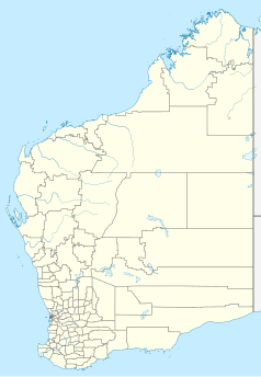 Mapa konturowa Australii Zachodniej, blisko centrum u góry znajduje się punkt z opisem „Marble Bar”