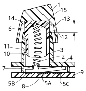 Illustration from the original buckling spring U.S. patent 4,118,611, issued to IBM in 1978