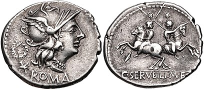 136 BC, C. Servilius (Roma/Pulex Geminus fighting as the Dioscuri).[33]