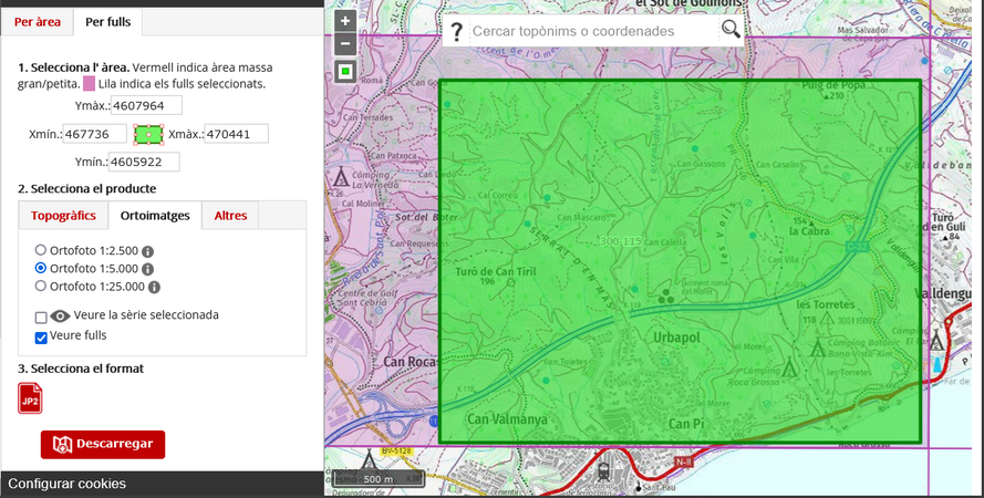 En el plafó de descàrregues seleccioneu la pestanya "Per fulls" i l'altra pestanya: "Ortoimatges", cal anotar les coordenades de l'àrea (fora que vulgueu editar-lo i desar-ho vectorialment). Les coordenades presentades no són geogràfiques, sinó UTM i serviran per obtenir-ne les geogràfiques.