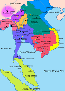 Map of Southeast Asia in the 1400's: Blue Violet: Ayutthaya Kingdom Dark Green: Lan Xang Purple: Lanna Orange: Sukhothai Kingdom Red: Khmer Empire Yellow: Champa Blue: Dai Viet