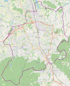 Mapa konturowa Bielska-Białej, w centrum znajduje się punkt z opisem „Dwór Pruszyńskich w Bielsku-Białej”