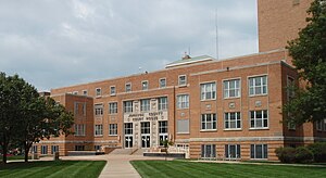 Former Johnson County Courthouse in Olathe (2009). It opened in 1952, closed in 2020, then demolished in 2021 after a new courthouse was finished.[1][2]