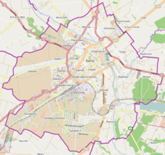 Mapa konturowa Kalisza, w centrum znajduje się punkt z opisem „Osiedle Adama Asnyka”