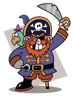 Man with red beard in pirate costume holding a sword.